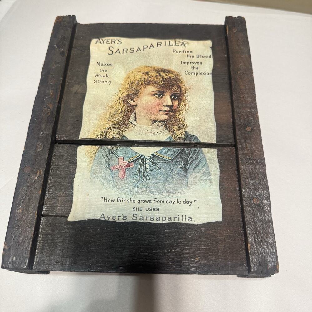 Antique Ayer’s Sarsaparilla Advertising Print Wood Decoupage Frame Victorian